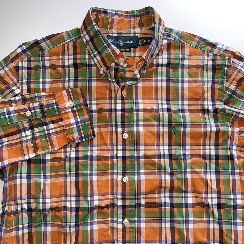 Ralph Lauren Classic Fit Orange Green Purple Plaid Long Sleeve Shirt Mens M